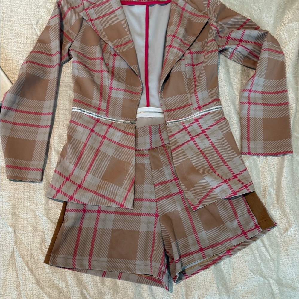 Plaid Blazer and Shorts Set